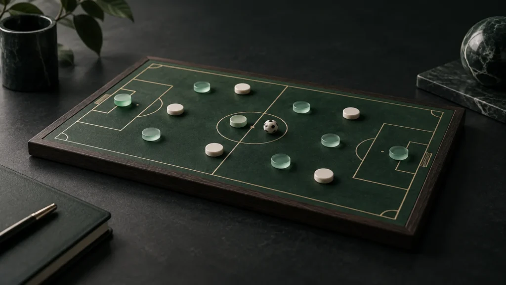 Yeşil ve krem oyuncu taşları bulunan minyatür futbol taktik tahtası.