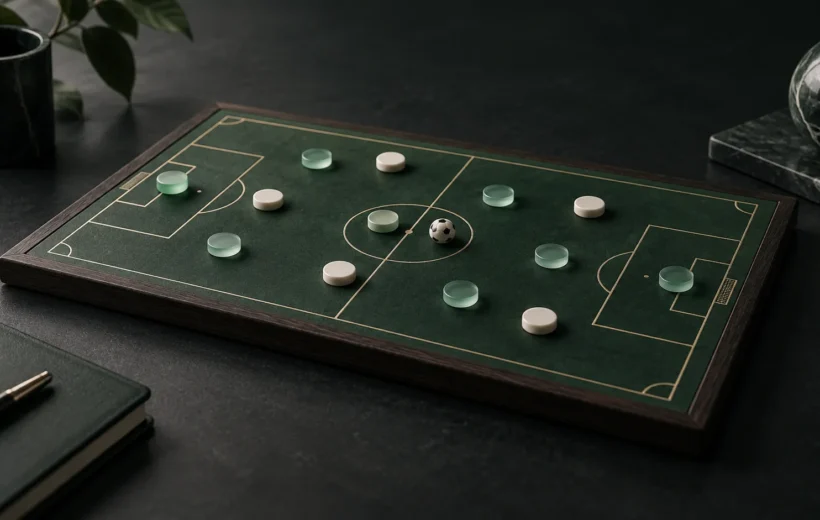 Yeşil ve krem oyuncu taşları bulunan minyatür futbol taktik tahtası.